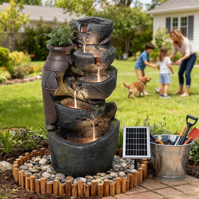 5 Tier Rock Solar Water Fountain Outdoor with Vintage Jar, Cascading Waterfall Fountain with LED Lights, Outdoor Fountains for Garden or Patio, Yard, Deck Decor, 16.5" L x 12.6" W x 31.7" H