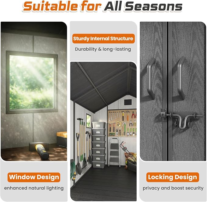 Jocoevol Outdoor Storage Shed, 8x10FT Resin Shed with Floor/Windows/Lockable Door/Vents, 15mm Thickened Heavy Duty All-Weather Garden Tool Shed for Backyard, Patio, Lawn, Gray - Image 6
