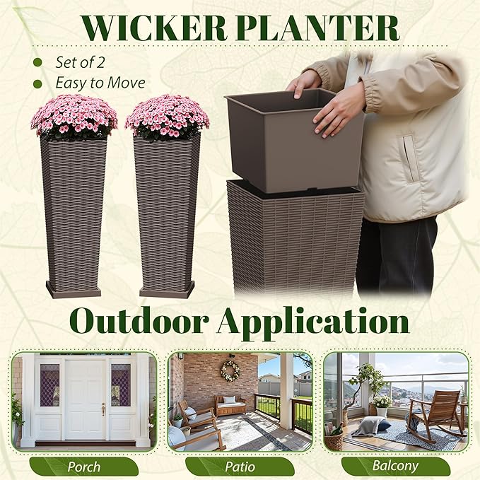 JUMMICO Set of 2 Resin Rattan Tall Planters for Outdoor Plants, Large Tapered Planters with Drainage Holes, Inner Trays and Outer Saucers, Flower Pots for Garden, Patio, Porch, Backyard (Brown, 32")