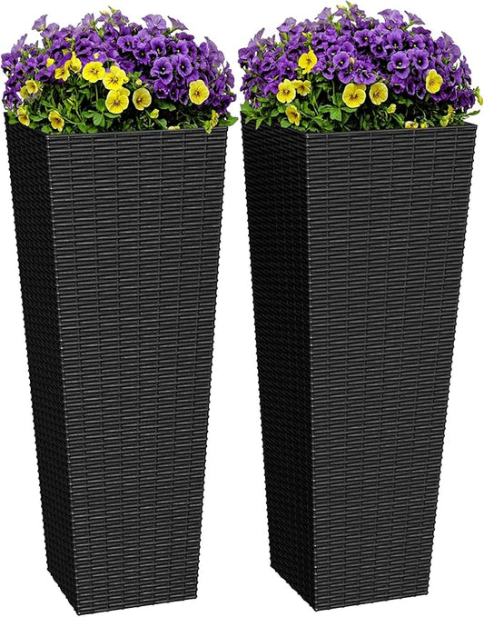 Greesum 32 Inch Tall Plastic Planters with Rattan Texture – Set of 2, Detachable Inner Pot & Drainage Holes, Indoor/Outdoor Decorative Flower Pots for Large Plants, Trees, Patio, and Garden, Black