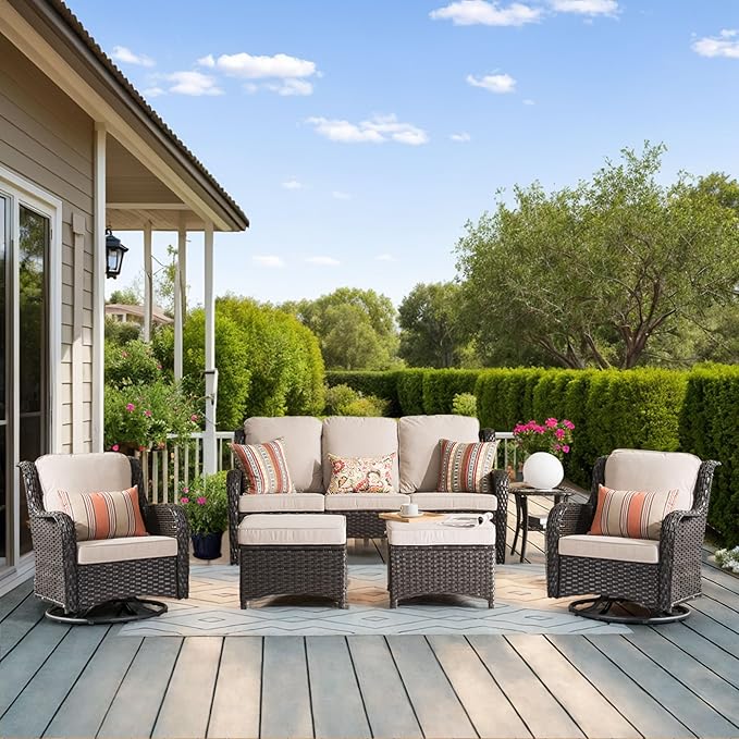 HOOOWOOO Patio Furniture Set,6 Piece Outdoor Furniture Set with Swivel Chairs,Wicker Patio Conversation Couch Chairs Ottoman Set,Beige