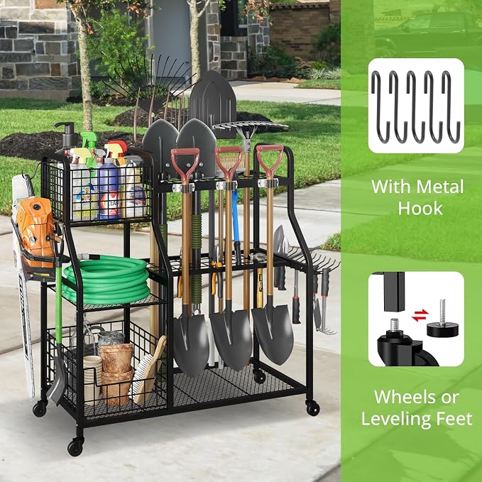 keomaisyto Garden Tool Organizer with Heavy Duty Wheels for Garage - with 2 Baskets, Large Yard Tool Organizer and Storage Holder, Utility Garden Tool Rack for/Shed/Garage/Yard/Basement/Lawn - Image 2