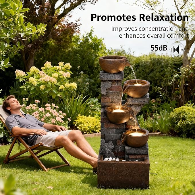 5 Tiers Water Fountain Outdoor Garden - 33.5" H Shape K Indoor Waterfall Fountain with LED Lights for Patio, Balconies, Lawns, Deck, Porch Backyard and Home Art Decor