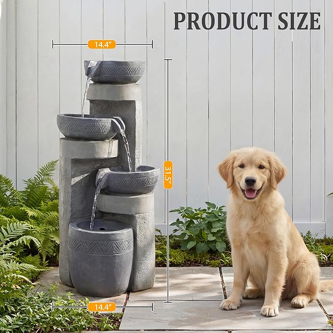 31.5" Tall Outdoor Water Fountain, 4 Tier Cascading Bowls and Stacked Water Fountain with LED Lights, for Yard Décor, Backyard, Patio and Deck (31.5'')