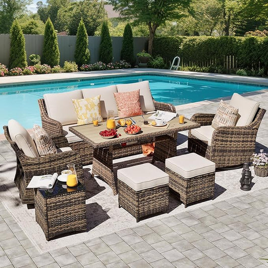 MEISSALIVVE 7 Pieces Patio Furniture Set with Swivel Chairs, Wicker Patio Conversation Set, Outdoor Patio Set with 2 Swivel Rocking Chair & Sofa, 2 Ottomans and Dining Table (Brown)