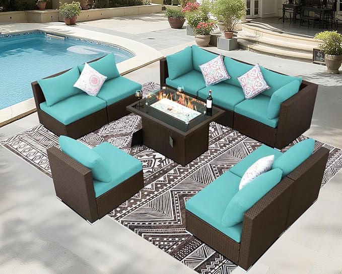 BULEXYARD 9 Piece High Back Outdoor Sectional Couch Set with Fire Pit, Elegant All-Weather Patio Furniture Set, Extra Large Size 8-Person Backyard Seating Group L-Shaped for Yard, Deck, Brown & Teal