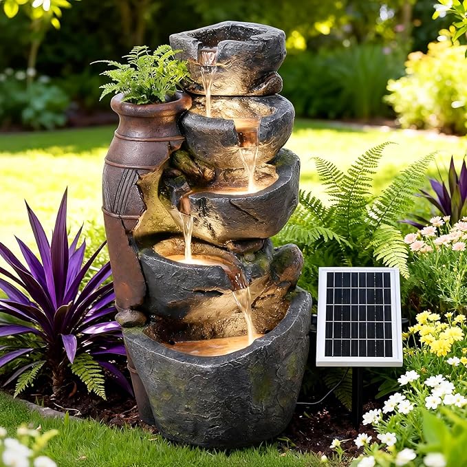 5-Tiers Solar Powered Cascading Rock Jar Water Fountain Outdoor, 31.7" H Outside Fountains and Waterfalls with 4 LED Lights for Patio, Deck, Porch, Backyard and Home Art Docor