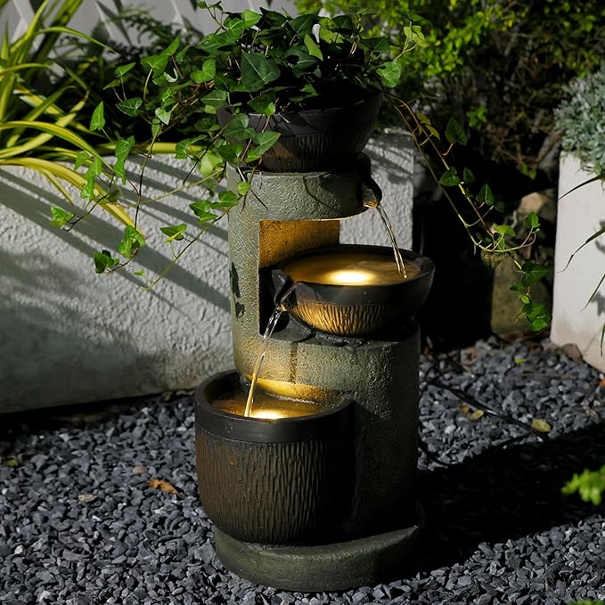 3-Tier Natural Bowl Cascading Garden Water Fountain with LED Lights - Water Fountain Outdoor Indoor Decor for Garden, Patio, Deck, Porch and Office Living Room Home Art Decor 10"x9"x20"