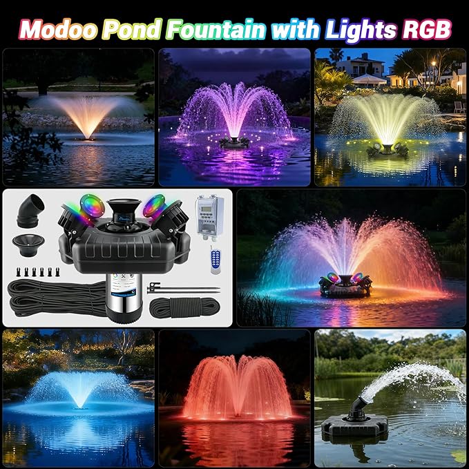 Pond Fountain Aerator with Lights Dynamic RGB Light 1HP 750W Floating Fountain for Pond Lake, 110V 15000 GPH Fully Automatic Stainless Steel Fountain Pump 100Ft Cord with 4 LED Lights and Nail, Rope