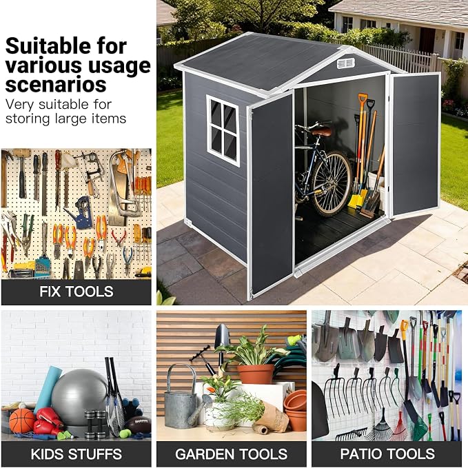YOPTO 6x4 FT Plastic Storage Shed,Outdoor Storage Shed with Floor and Lockable Door,Waterproof Garden Shed W/Windows & Vents,Sloped Roof,Tool House for Storing Bicycles,Lawnmowers,Gray - Image 5