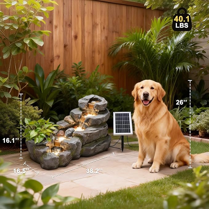 38.2" L Solar Water Fountain Outdoor Garden 5 Tiers Floor Standing Rock Natural Waterfall Outdoor Fountains with LED Lights and Planting Pot for Patio, Porch,Backyard,Home Art Decor