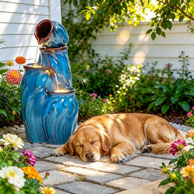 29" Outdoor Water Fountain, Ceramic Outdoor Fountain, Stacked 4-Tier Pots Waterfalls for Garden, Patio, Yard, or Porch Decor, Creating Relaxing Serene Oasis, Dynamic Wave-Texture, Turquoise