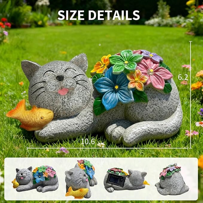 Solar Cat Garden Statue with 6 LED Lights-Outdoor Decorative Cat Figurine Lighting for Patio,Yard,Lawn-Waterproof Animal Statue,Unique Home Garden Decor Unique Housewarming Gifts