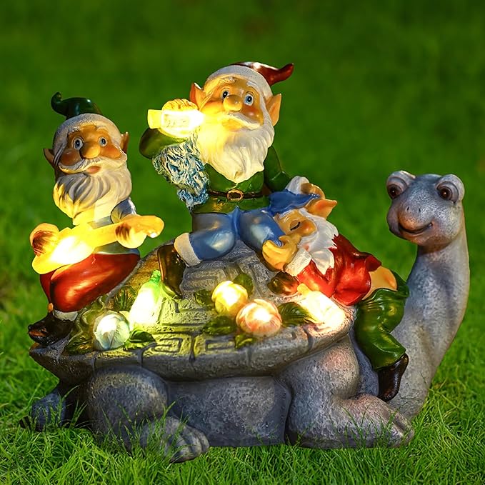 Upgraded Size Solar Garden Outdoor Statues Gnome Turtle Three Gnomes Having Party on Turtle with 7 LED Lawn Decor Outside Decorations for Patio, Balcony, Yard Ornament Unique Garden Gift