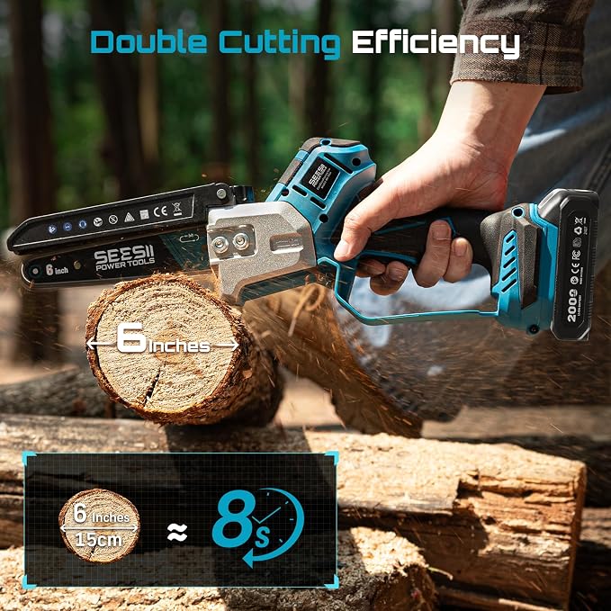 SEESII Brushless Mini Chainsaw 6 Inch, Handheld Saw with 2 * 2000 mAh Batteries, Cordless Chainsaw with Automatic Oiler, Compatible with Makita 18V Battery, Electric Saw for Tree Limb Branch Cutter - Image 4