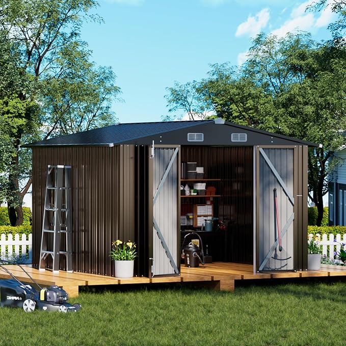 COMHOMA Shed Outdoor Storage Shed Metal,Lockable Doors Tool Sheds with Sloping Roof,Steel Garden Shed with Air Vent for Backyard,Patio,Lawn,Poolside (Brown, 10'x10') by ComHoma
