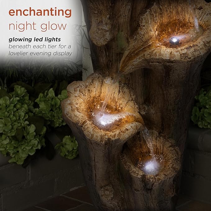 Alpine Corporation TZL268 47" Outdoor 3-Tier Tree Bark Water Fountain with LED Lights for Gardens, Patios, and Yards, Brown