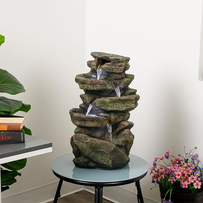 Alpine Corporation 20" H Outdoor Multi-Level Rock Floor Fountain with LED Lights, Brown