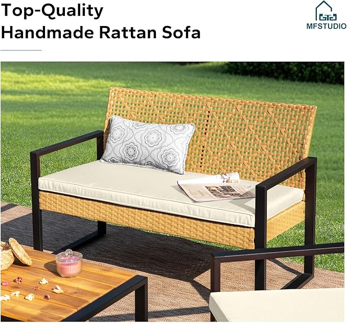 MFSTUDIO Patio Sofa Set for 4, Outdoor Rattan Couch with Wood Table & 2 Chairs, Outdoor Wicker Loveseat Sofa, Patio Sectional Couch Set for Backyard, Beige