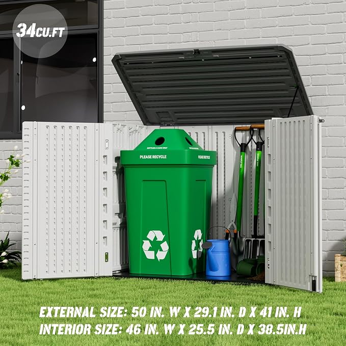 Mrosaa Outdoor Patio Storage Shed,Waterproof Horizontal Outdoor Storage Cabinet for Garbage Cans,Tools and Lawnmower Lockable(34 Cu.ft-Warm-White) - Image 4