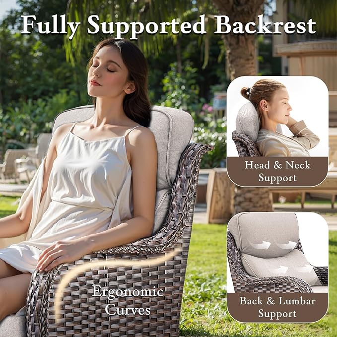 Luxury High Back Outdoor Furniture with 6-inch Extra Thick Cushions, Patio Furniture Set with Swivel Chairs, 8 PCS Wicker Conversation Set for Yard, Deck, Poolside, Brown/Beige