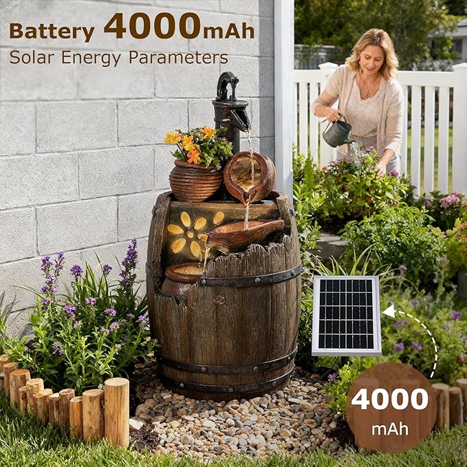 Solar Water Fountain Outdoor Rustic Pump and Barrel, 29" H Cascading Solar Powered Waterfall Fountains Outside Feature with LED Lights for Garden, Patio, Porch, Backyard Decor