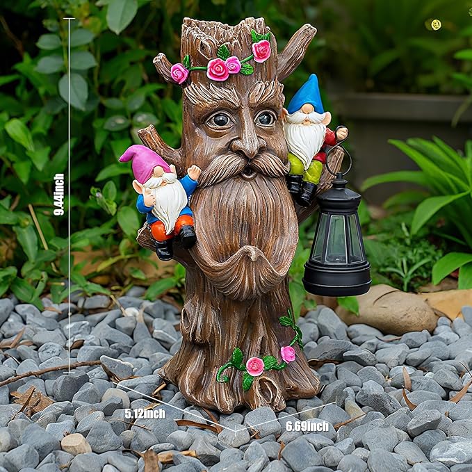 Whimsical Tree Ent Garden Statue with Gnomes – Solar Powered Outdoor Decor with LED Lantern, Funny Yard Ornament for Lawn, Patio, Porch, or Garden