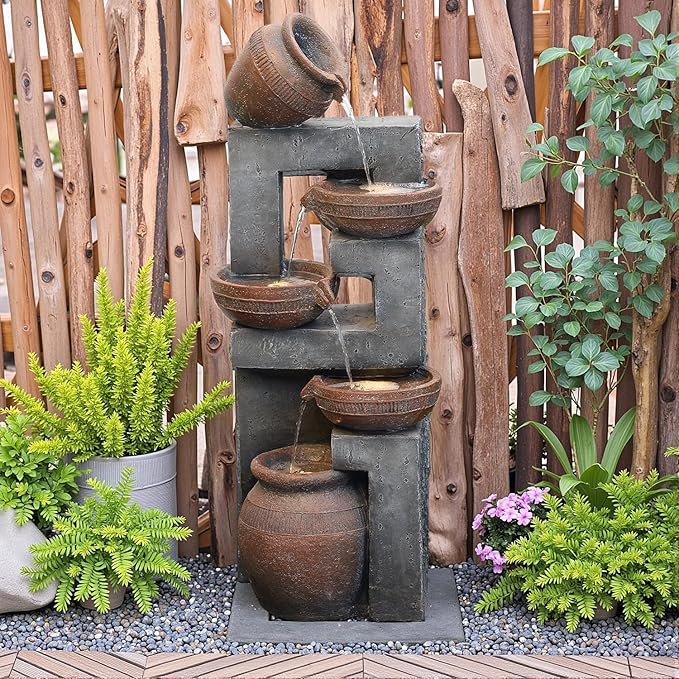33.8" H Water Fountain Outdoor with LED Lights & Pump, 5-Tier Cascading Outdoor Fountain for Garden,Patio,Porch,Backyard,Home Art Decor (Brown)