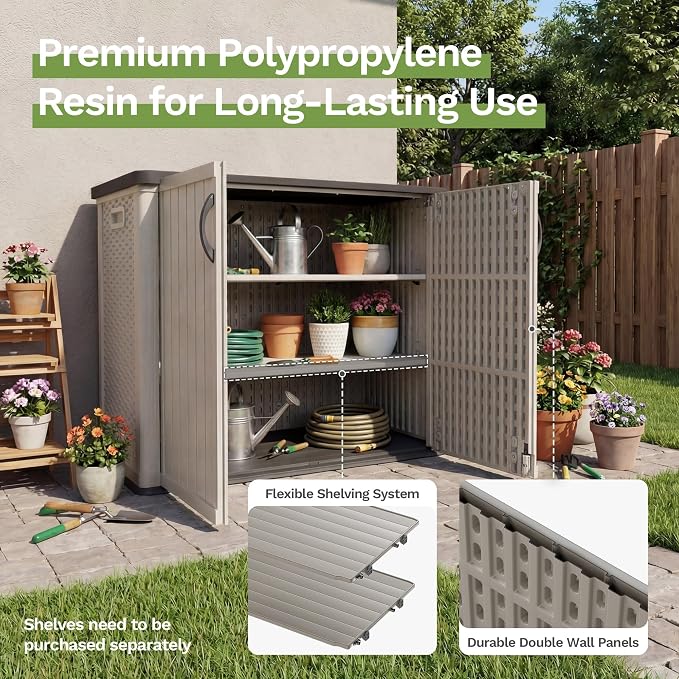 Patiowell 26 cu.ft Plastic Outdoor Storage Shed, Lockable Waterproof Resin Outdoor Storage Cabinet Tool Shed for Garden Tools, Garbage Cans, Pool Supplies, Beige(Not Include Shelves) - Image 6