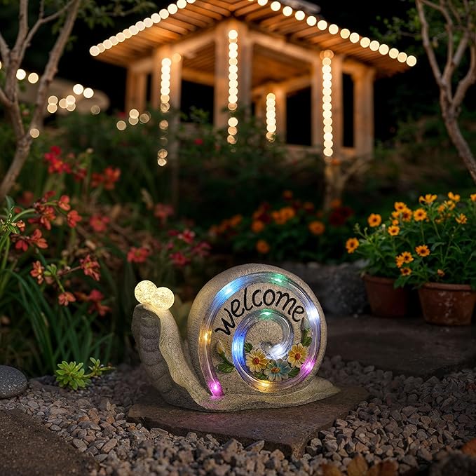 Outdoor Snail Garden Statues with Solar Lights, Snail Figurine Garden Decor for Outside, Yard Decorations Outdoor for Patio Porch Lawn Backyard Decor, Gardening Birthday Gifts for Women Mom Grandma