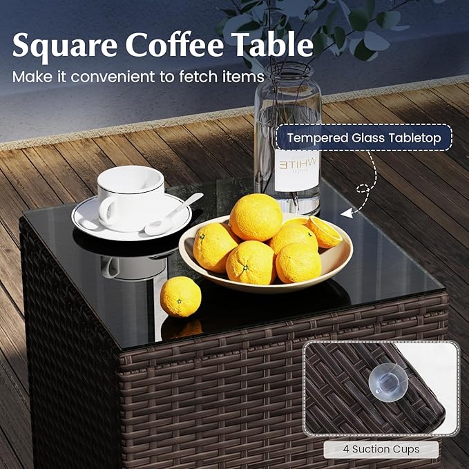 KOTEK 3 Piece Patio Furniture Set, Outdoor Wicker Patio Chairs with Soft Cushions & Tempered Glass Top Table, PE Rattan Bistro Set for Porch, Garden, Balcony (Navy)