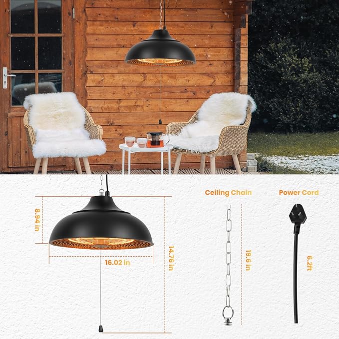 1500W Electric Hanging Patio Heater, 3S Instant Heat, Ceiling-Mounted Outdoor Heater with 3 Modes, Quiet Operation, Overheat Protection, IP55 Waterproof for Patio, Balcony (black, hanging)