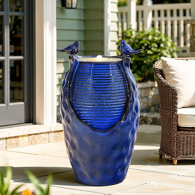 23.5" H Ceramic Jar Outdoor Fountain, Honeycomb Pot Water Feature with LED Lights, Soothing Trickling Waterfall for Garden, Patio, Yard Oasis, KD Vivid Bird Accents, Cobalt Blue Glaze,