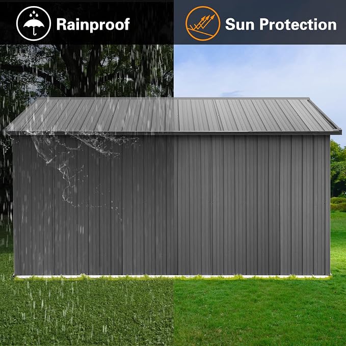 10x12 FT Outdoor Storage Shed, Large Metal Garden Shed with Window & Hinged Door, Upgraded Outside Tool Shed with Foldable Worktable & 2 Shelves, Waterproof Storage Building for Backyard, Gray - Image 6