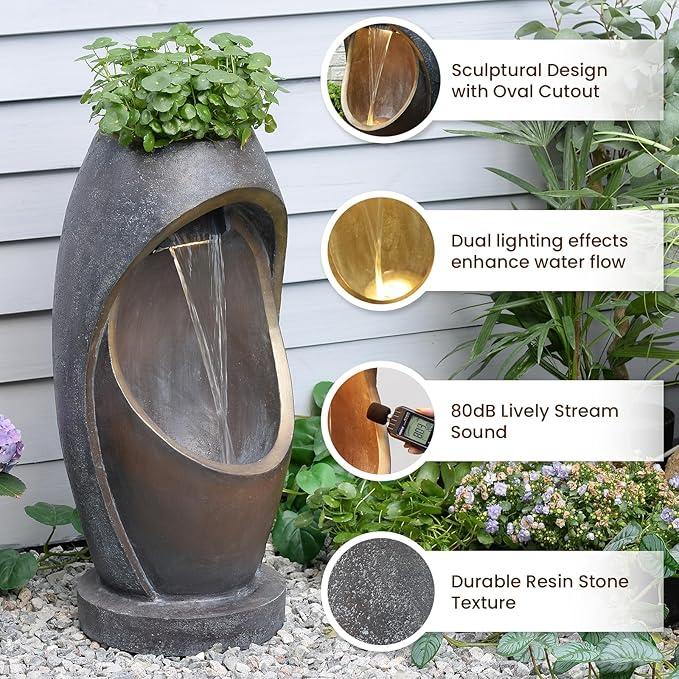 Waterfalll Water Fountain Outdoor Garden Patio Freestanding Fountains Water Feature with LED Lights, Planter Groove and Oval Cutout Design for Backyard Deck Porch Home Decor, Brown
