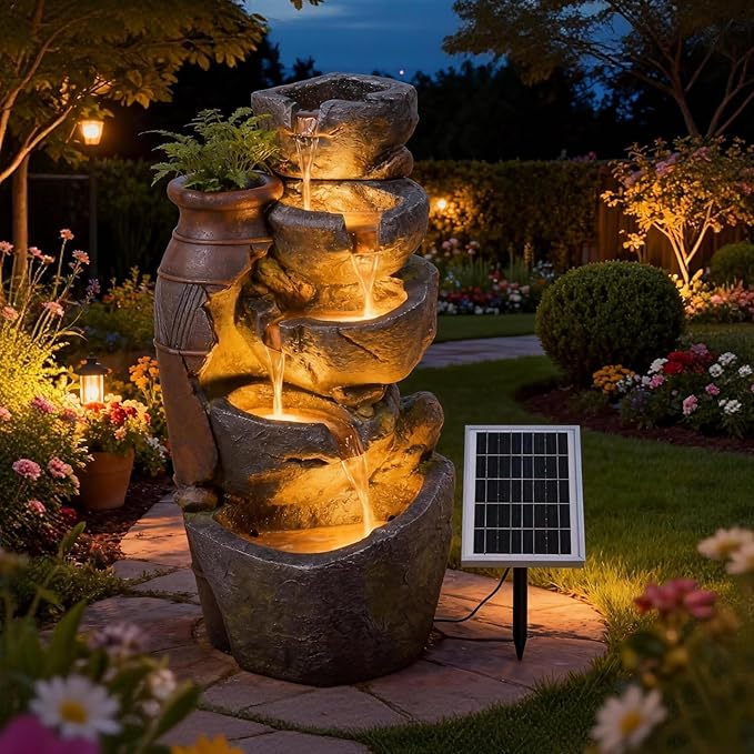 5-Tiers Solar Powered Cascading Rock Jar Water Fountain Outdoor, 31.7" H Outside Fountains and Waterfalls with 4 LED Lights for Patio, Deck, Porch, Backyard and Home Art Docor