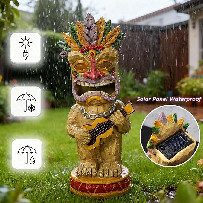 Solar Tiki Garden Statue with LED Eyes Outdoor Resin Ukulele Player Yard Decor Solar Light Hawaiian Style Lawn Ornament for Patio Porch Tiki Bar Decor Best Gift for Tiki Lovers