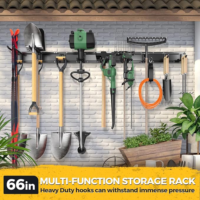 LBT 66" Garage Tool Organizer Wall Mount - 720lbs Garden Tool Organizer with Adjustable Hooks, Heavy Duty Metal Garage Storage Rack, Anti-Rust Shed Rack Holder Hanging Rake Broom Mower Snowboard - Image 7