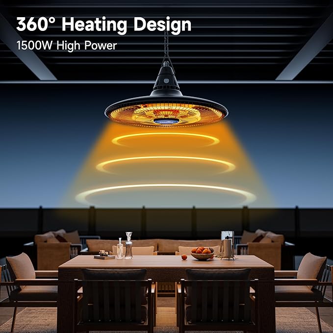 Hanging Heater, 1500W Outdoor Electric Patio Ceiling Heater with Remote Control, Infrared for Courtyard, Garage, Patio, Overheat & Tip-Over Protection, Waterproof, Black