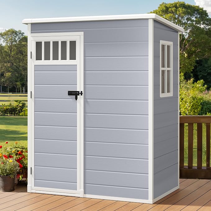 DWVO Outdoor Storage Shed, All-Weather Resin Plastic Storage Shed with Windows, Slanted Roof, Raised Floor, Capacity for Garden Tools & Equipment, Ideal for Backyard & Garden (Gray, 5X3FT) by DWVO