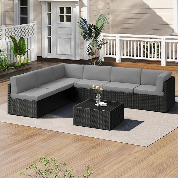 U-MAX 7 Piece Outdoor Patio Furniture Set, PE Rattan Outdoor Wicker Sectional Furniture Chair Set with Cushions and Tea Table, Black Rattan and Dark Grey Cushion
