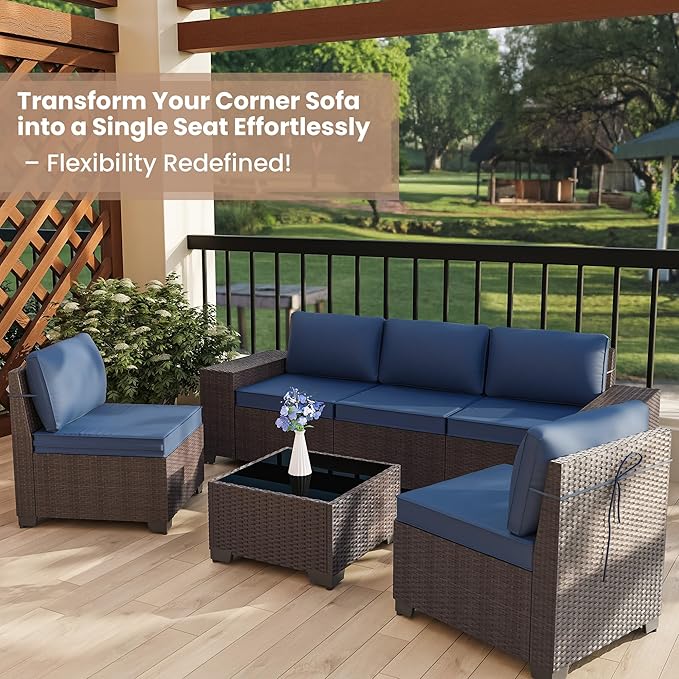 6 PCS Outdoor Patio Furniture Set,Outdoor Sectional Furniture All Weather PE Rattan Wicker Patio Conversation Set with Coffee Table and 5 Thickened Cushions,Navy Blue