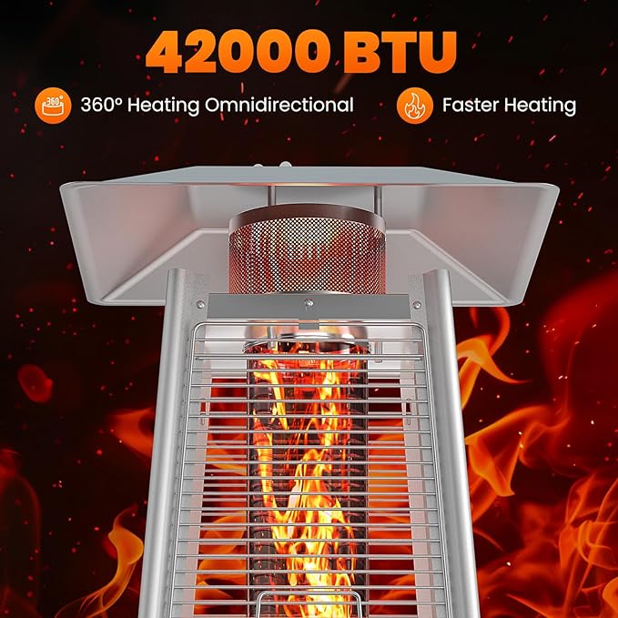 OLIXIS 48000 BTU Pyramid Patio Heater, Outdoor Heater with Wheels and Ignition, Propane Patio Heater for Home, Backyard, Garden, Deck and Patio, Silvery
