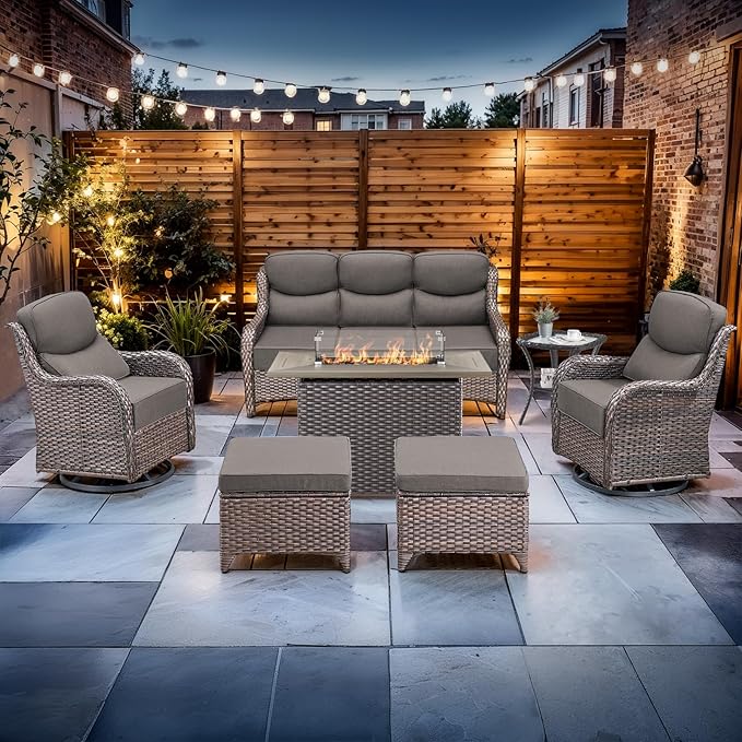 Luxury High Back Outdoor Furniture with 6-inch Extra Thick Cushions, Patio Furniture Set with Fire Pit Table & Swivel Chairs, 7 PCS Wicker Conversation Set for Patio, Yard, Deck, Poolside, Brown/Grey