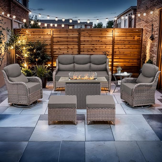 Luxury High Back Outdoor Furniture with 6-inch Extra Thick Cushions, Patio Furniture Set with Fire Pit Table & Swivel Chairs, 7 PCS Wicker Conversation Set for Patio, Yard, Deck, Poolside, Brown/Grey