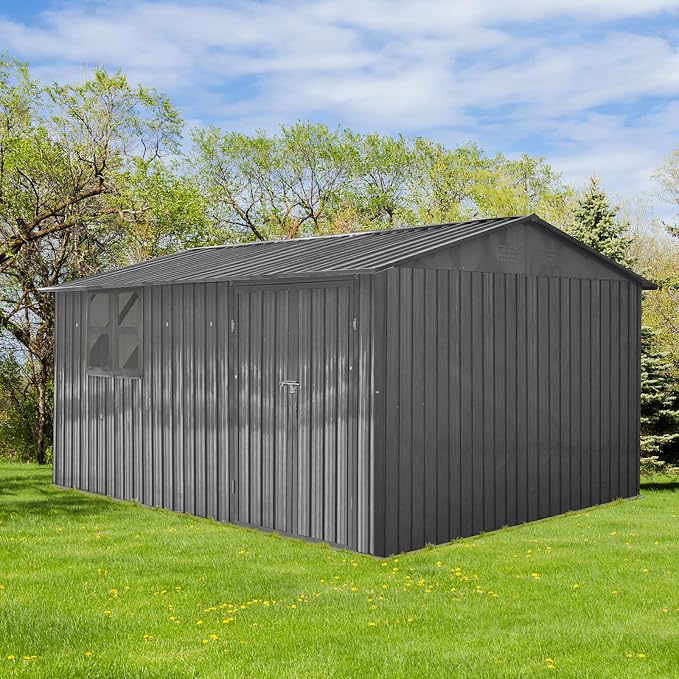 10x12 FT Outdoor Storage Shed, Large Metal Garden Shed with Window & Hinged Door, Upgraded Outside Tool Shed with Foldable Worktable & 2 Shelves, Waterproof Storage Building for Backyard, Gray by BNSPLY