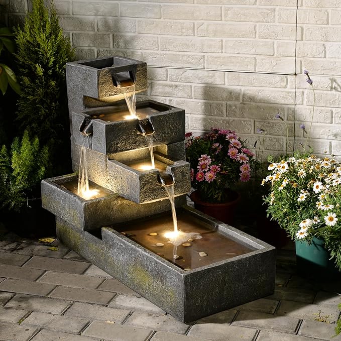 Water Fountain Outdoor Garden Waterfall Freestanding Cascade Tiered Fountains Water Feature with LED Lights for Patio Backyard Pool Home Decor, 32.5 inches Long, Gray