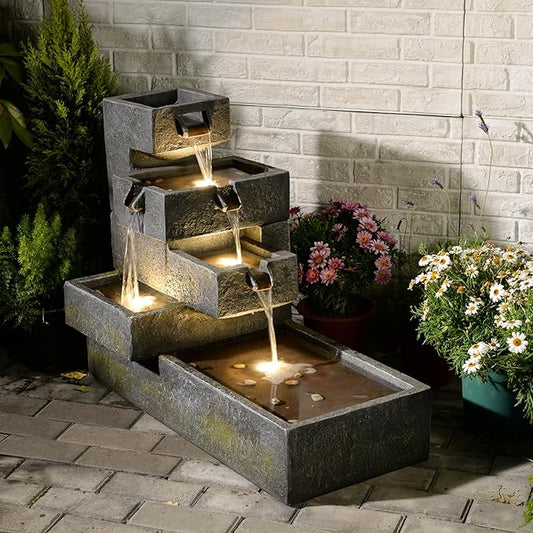 Water Fountain Outdoor Garden Waterfall Freestanding Cascade Tiered Fountains Water Feature with LED Lights for Patio Backyard Pool Home Decor, 32.5 inches Long, Gray