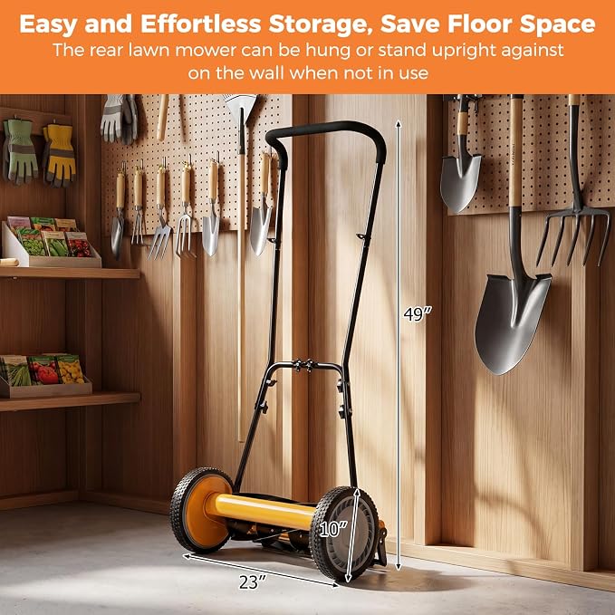 16" Manual Rear Mower, Push Lawn Mower with 5 Steel Blades, Adjustable Cutting Heights & Grass Catcher Bag, Walk-Behind Grass Cutter Lawn Sweeper for Garden, Park & Yard (Orange) - Image 8
