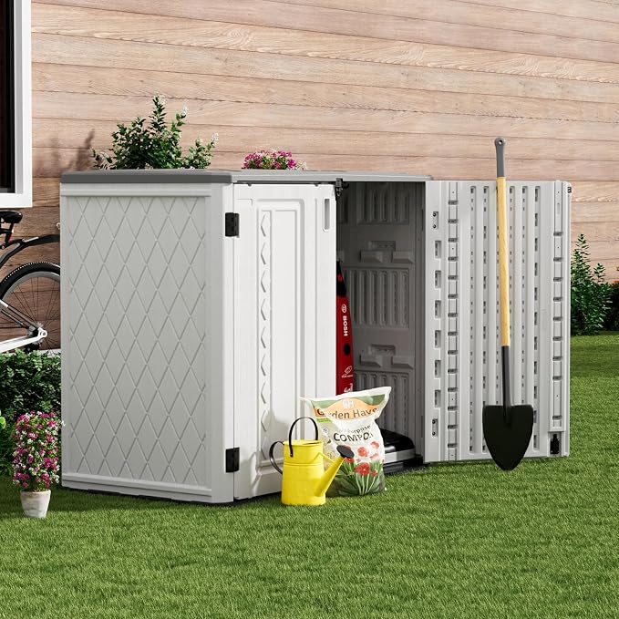 ZZM 4x3FT Heavy-Duty Outdoor Storage Shed | 34 Cu.Ft Waterproof Resin Cabinet with Double-Wall | UV-Resistant & Lockable for Garden Tools, Bikes, Patio Furniture (Wood Grain Texture) - Image 5